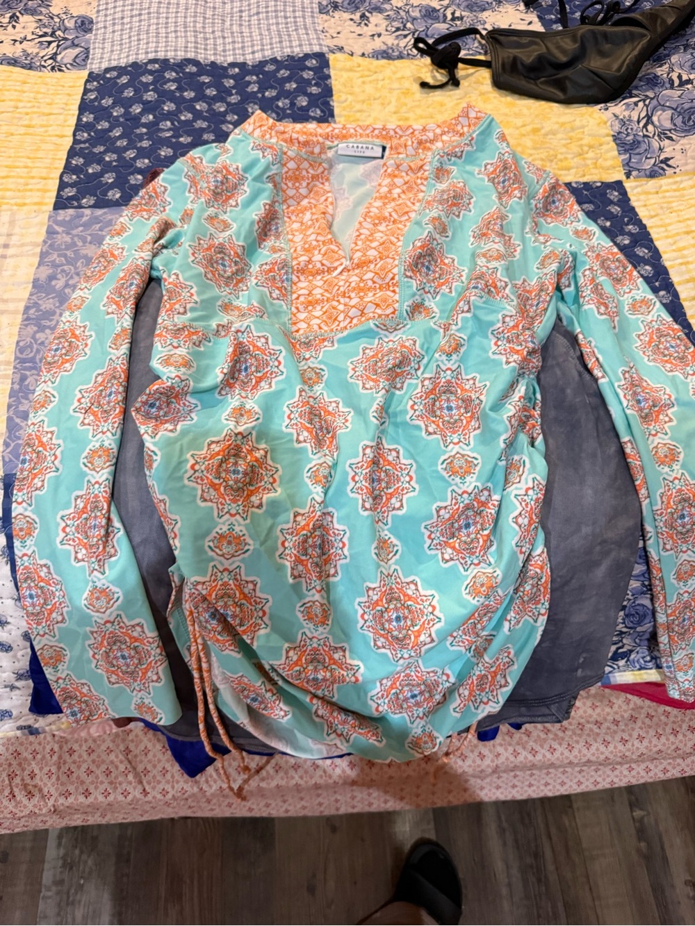 Casual Corner Aqua & Orange Printed Split-Neck Tunic